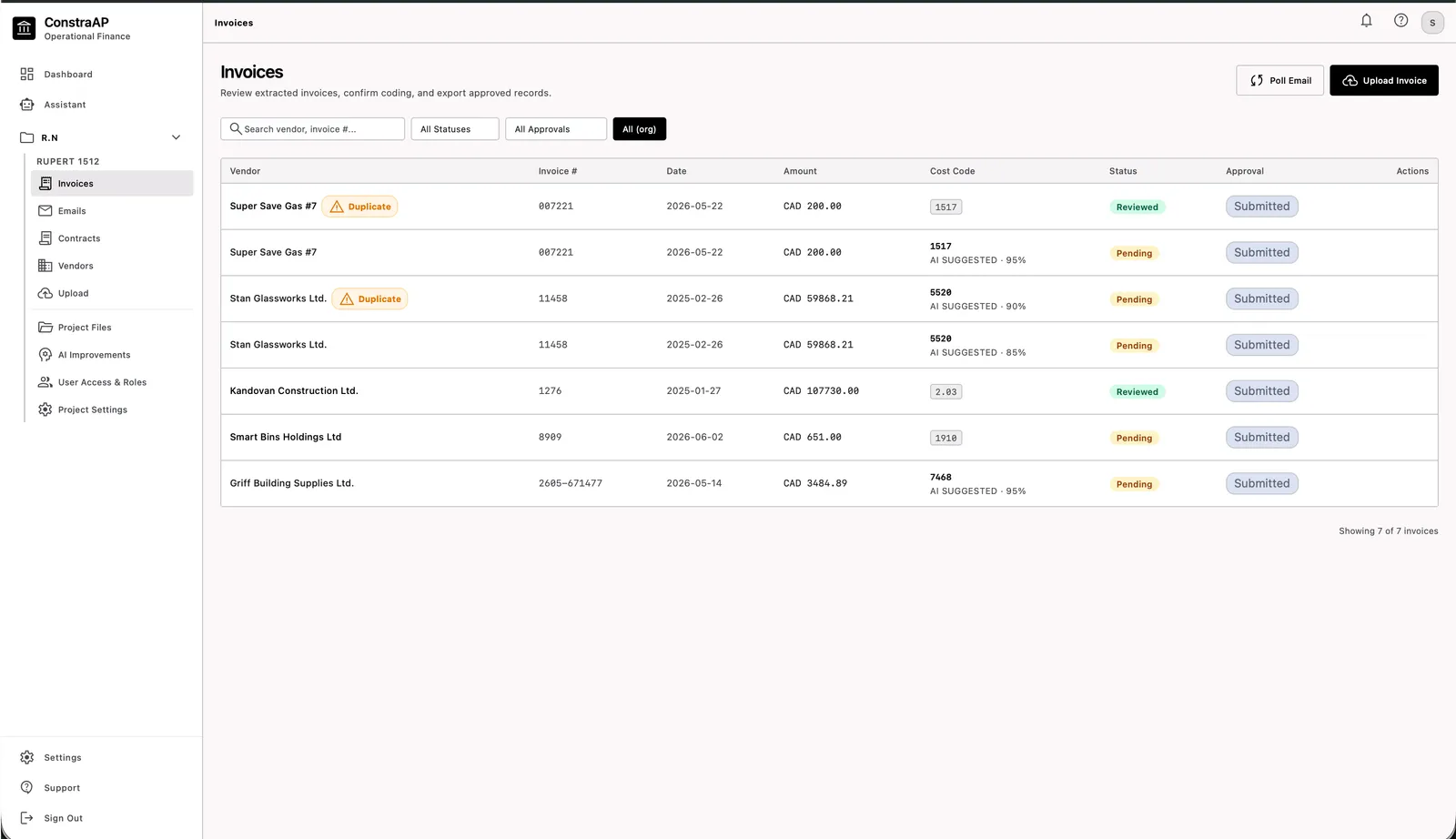 ConstraAP invoices review screen