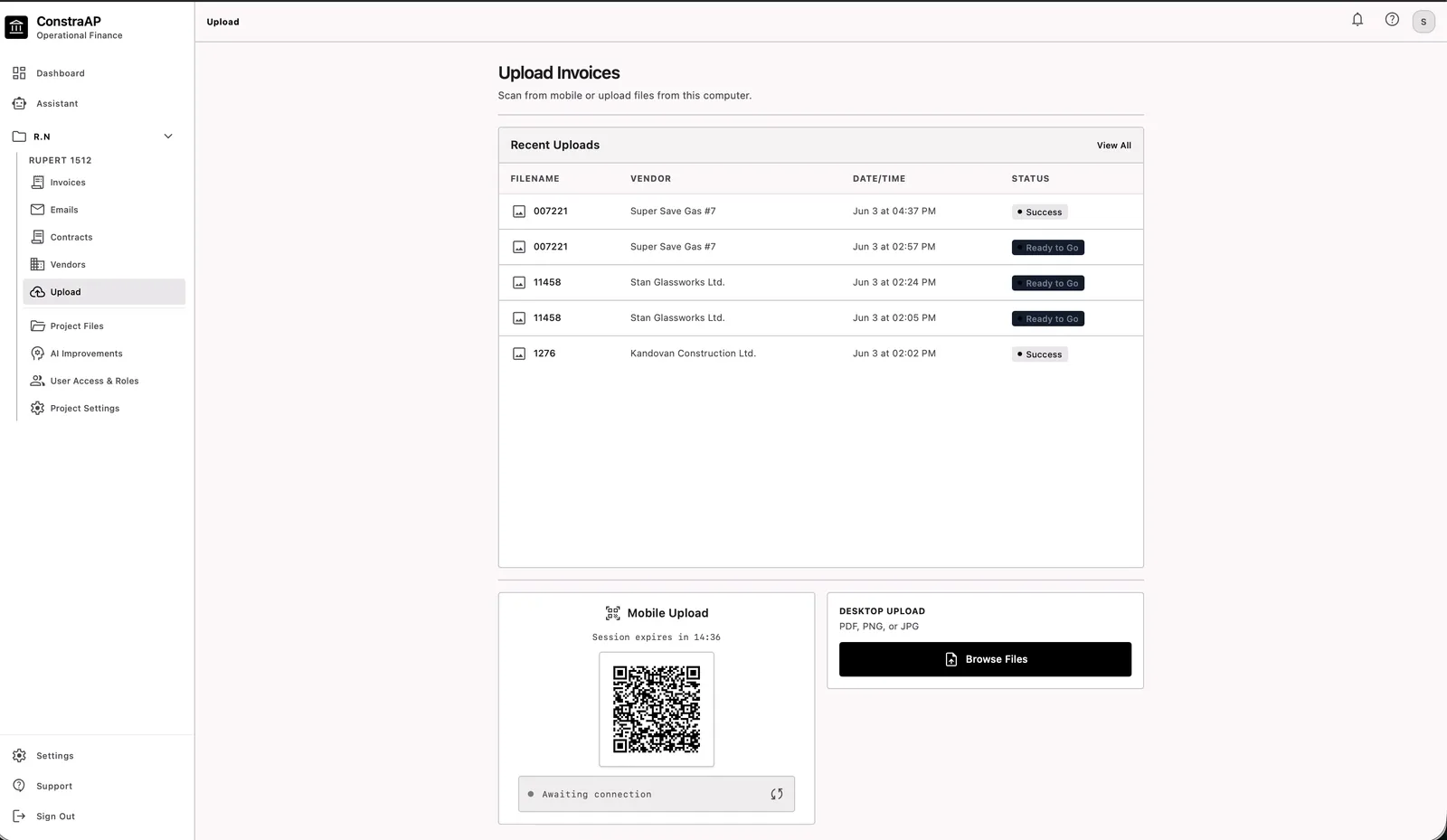 ConstraAP upload screen