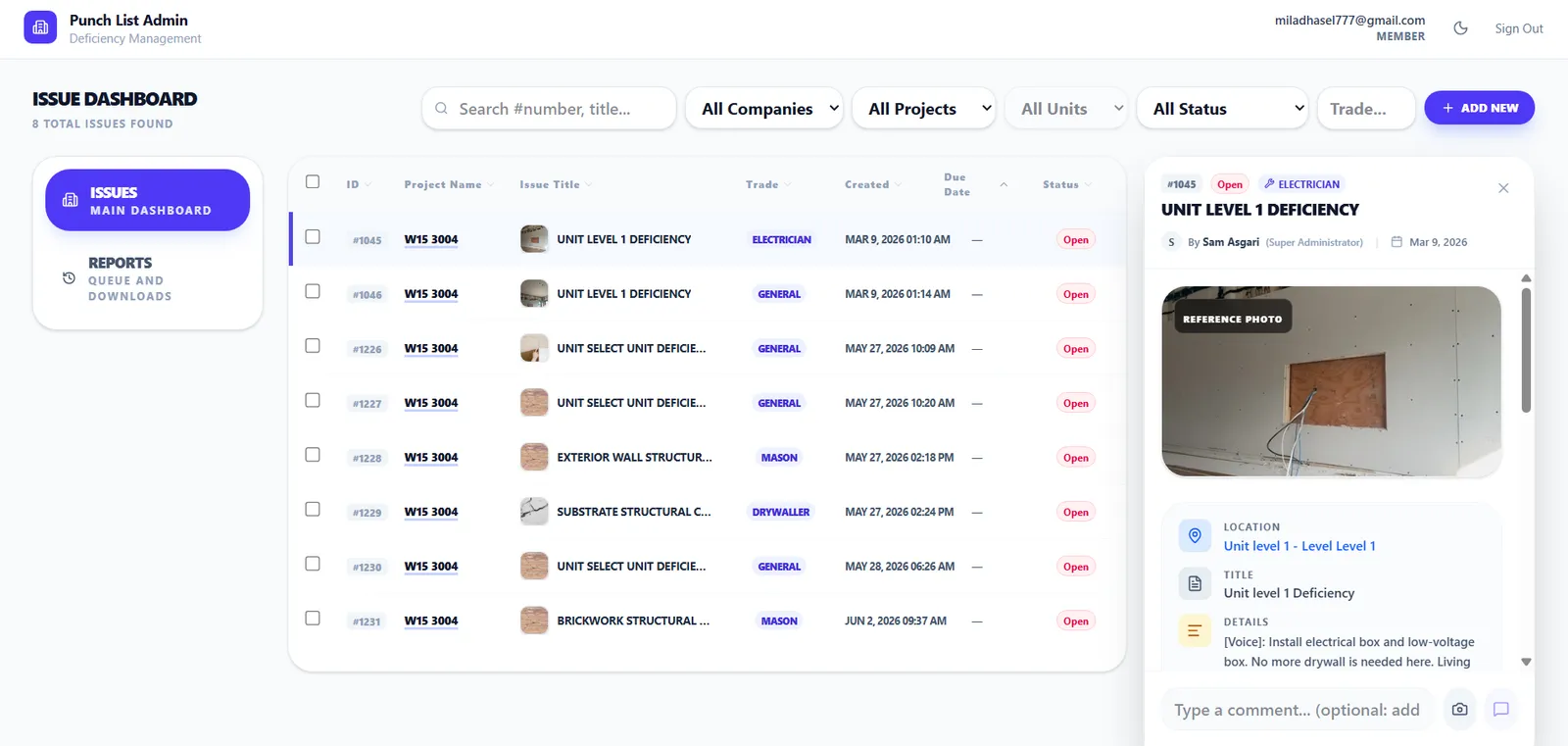 Punch List admin dashboard